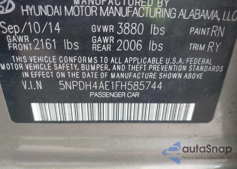 2015 Hyundai Elantra Se from USA, damaged, VIN 5NPDH4AE1FH585744